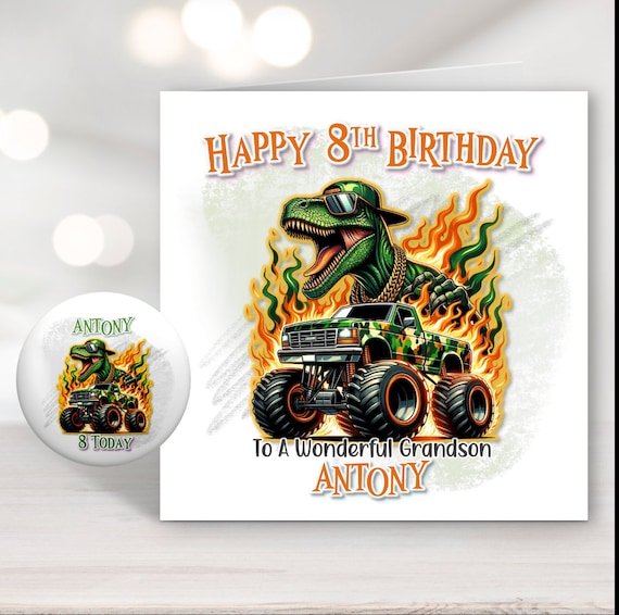 Dinosaur Monster Truck Birthday Card With Badge Personalised Son