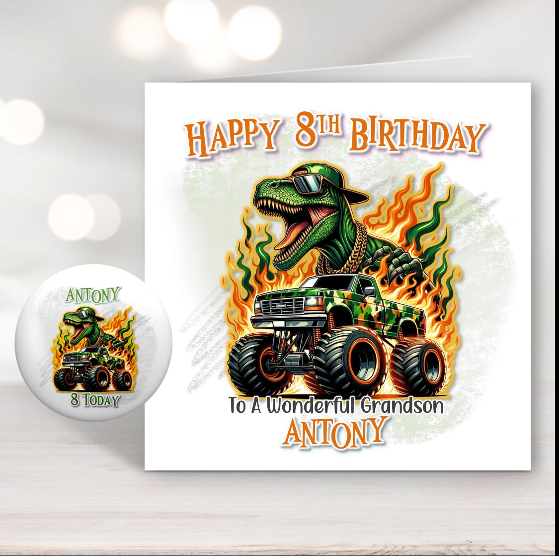 Dinosaur Monster Truck Birthday Card With Badge Personalised Son