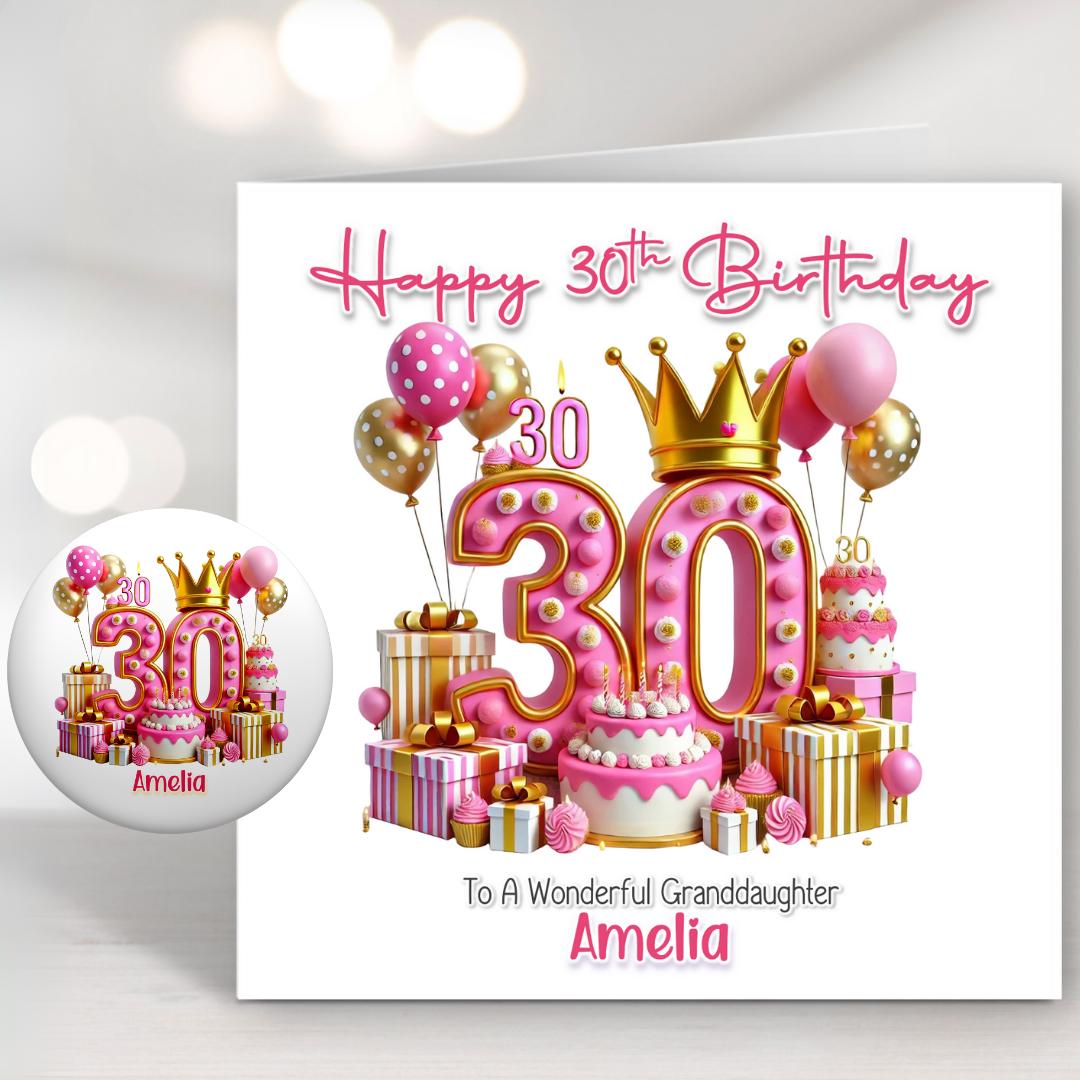 Personalised Pink 30th Birthday Card Thirty Today Daughter Sister Niece Granddaughter Friend Birthday Girl Card with Matching Badge Set