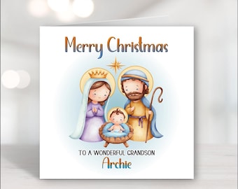May include: A Christmas card featuring a watercolor illustration of the Holy Family. The card has the text "Merry Christmas" at the top and "To a wonderful grandson Archie" at the bottom.