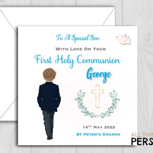Personalised Boys First Holy Communion Card for Son Grandson Godson Nephew Brother Friend Special Boy Blue Religious Church Card