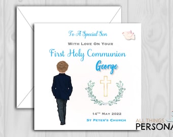 Personalised Boys First Holy Communion Card for Son Grandson Godson Nephew Brother Friend Special Boy Blue Religious Church Card