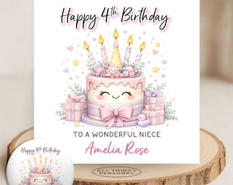 Pink Girls Birthday Card Personalised for Daughter Granddaughter Great Niece Sister Goddaughter for Her Any Name with matching badge