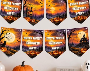 Personalised Halloween Bunting/Banner & Ribbon Horror Party Decorations 8 Flags With Any Text