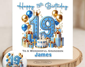 Blue 19th Birthday Card Personalised Boys Teenage Son Grandson Brother Great Nephew Special Boy With Optional Matching Badge & Money Wallet