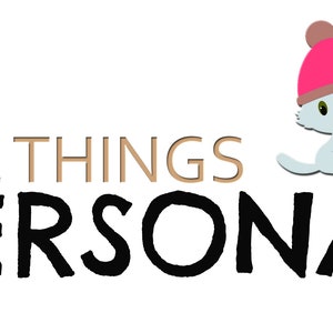 May include: A logo with the text "ALL THINGS PERSONAL" in gold and black. A cartoon cat wearing a pink hat sits to the right of the text.