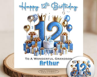 Personalised Blue 12th Birthday Card Boys for Son Brother Nephew Grandson Twelve Today Birthday Boy Card with Matching Badge Set