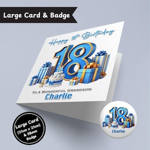 Personalised Blue 18th Birthday Card Boys Officially Adult Son Brother Nephew Grandson Eighteen Eighteenth Birthday Boy Mens Card Large Card + Badge