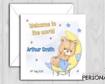Personalised New Baby Boy Card, Blue Elephant Balloons, 'welcome To The World - View #4