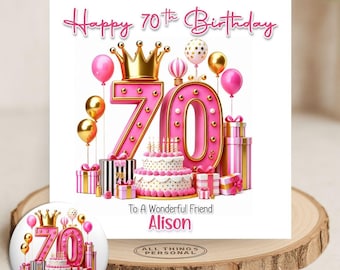 Personalised Pink 70th Birthday Card Seventy Today Daughter Sister Niece Granddaughter Friend Birthday Girl Card Matching Badge Money Wallet