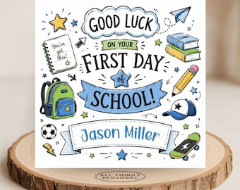 Boys First Day at School Card - Personalised Good Luck Card for son, grandson, brother, nephew - boys starting new school or nursery