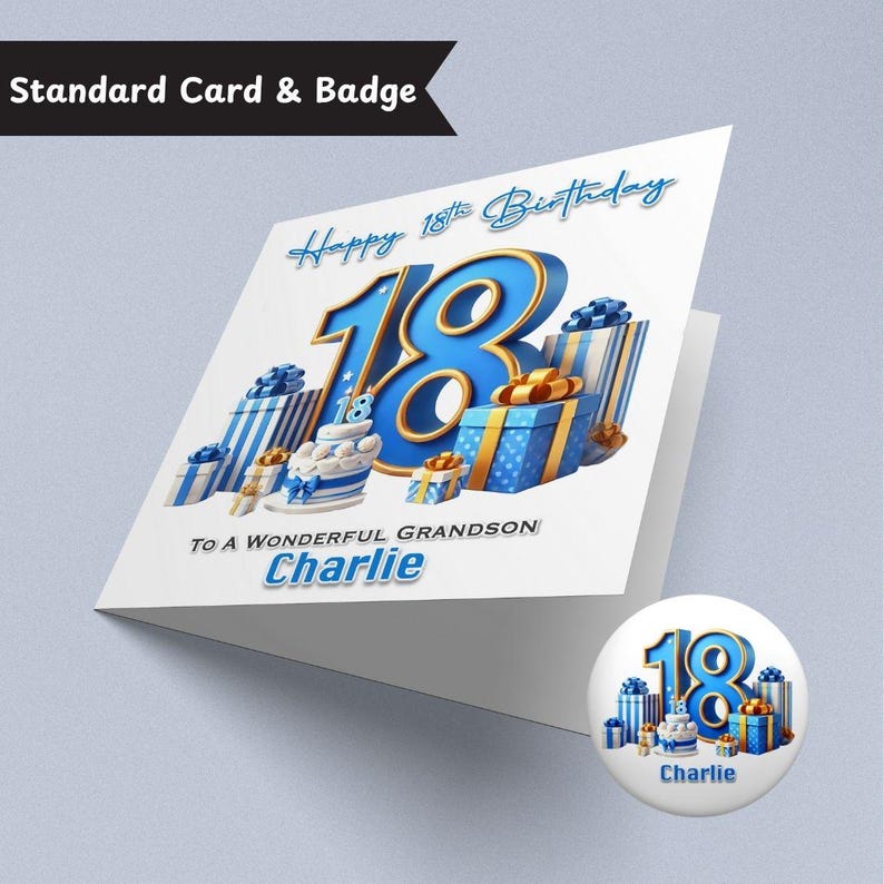 Personalised Blue 18th Birthday Card Boys Officially Adult Son Brother Nephew Grandson Eighteen Eighteenth Birthday Boy Mens Card Standard Card +Badge