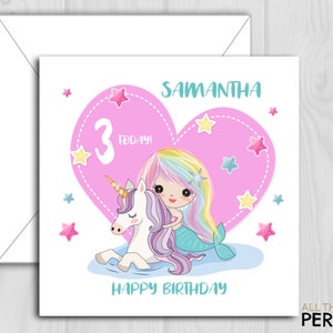 Unicorn & Mermaid Birthday Card for Daughter, Granddaughter, Sister, Niece, Goddaughter, Friend on her 3rd 4th 5th 6th 7th 8th Birthday