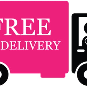 May include: A pink delivery truck with the text "FREE UK DELIVERY" on the side. The truck is a cartoon illustration with a driver in the cab.
