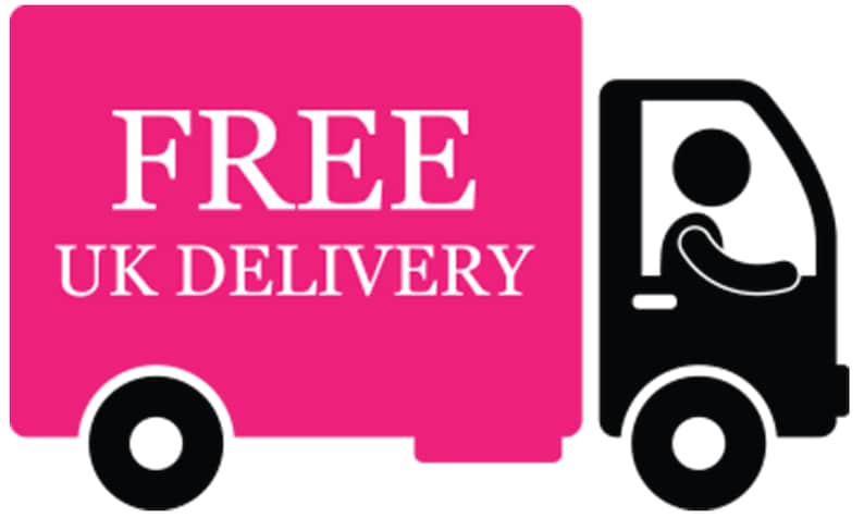 May include: A pink delivery truck with the text "FREE UK DELIVERY" on the side. The truck is a cartoon illustration with a driver in the cab.