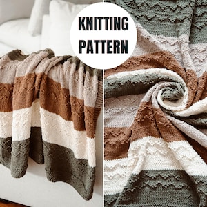 May include: A knitted blanket with horizontal stripes in shades of brown, white, and green. The blanket is draped over a white couch and features a textured stitch pattern. The words "KNITTING PATTERN" are in a white circle.
