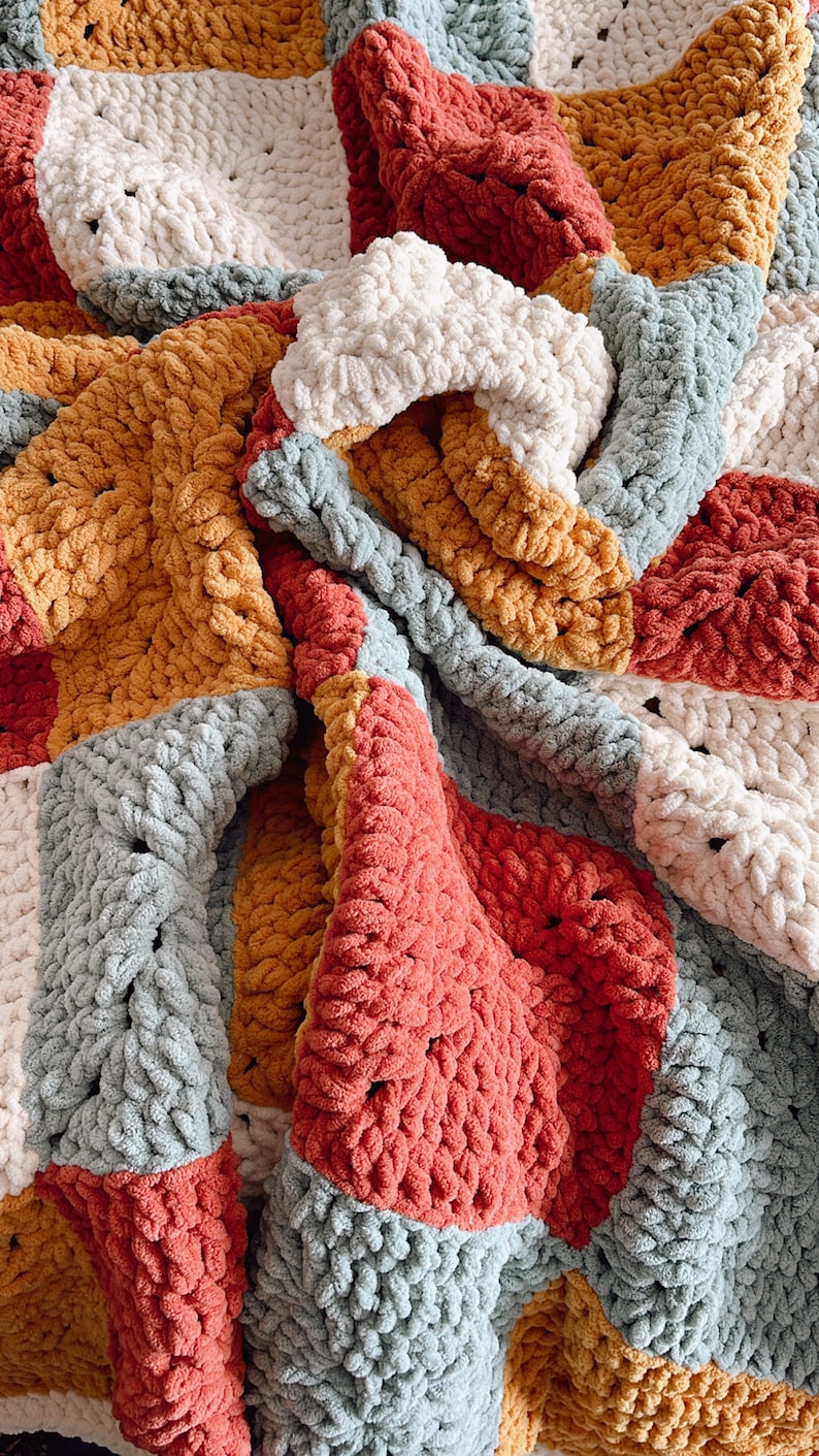 Granny Squares Chunky Blanket | Crochet Pattern | Video tutorial + diagram | 5 sizes | Beginner-friendly | Instant Download image 4