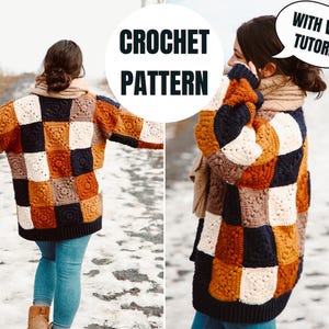 May include: A crochet cardigan with a patchwork design in shades of brown, orange, white, and blue. The cardigan is shown on a person walking in a snowy landscape. The text "CROCHET PATTERN" and "WITH VIDEO TUTORIAL" is visible in the image.