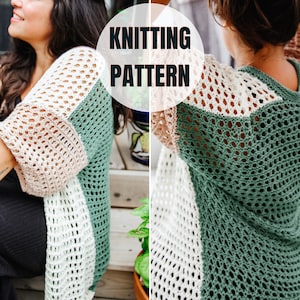 May include: Knitting pattern for a green, white, and beige crochet cardigan with a mesh design. The pattern is called "Knitting Pattern".