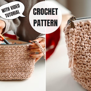 May include: A crocheted pouch in a light brown color with a zipper closure and a braided handle. The image includes text that says "CROCHET PATTERN" and "WITH VIDEO TUTORIAL". The pouch is filled with makeup brushes.