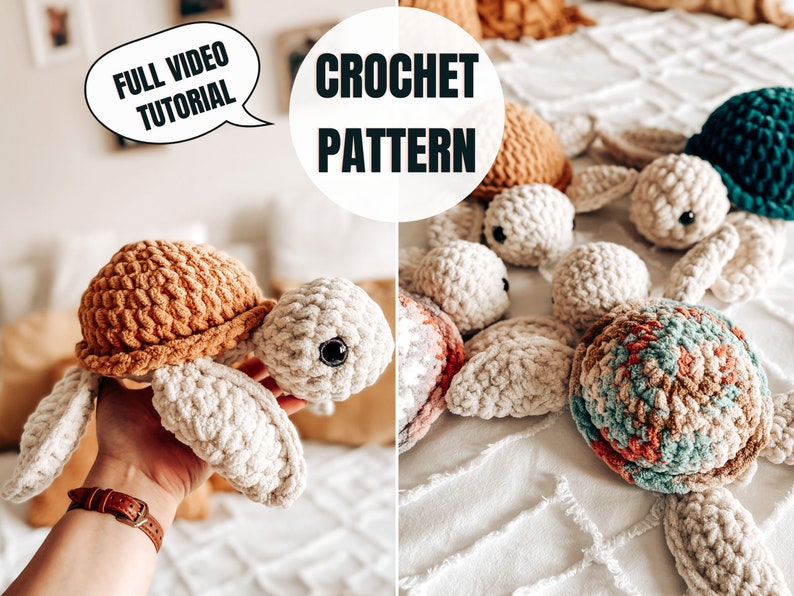 Puede incluir: Patr&oacute;n de crochet para un juguete de peluche de tortuga. El patr&oacute;n incluye instrucciones para hacer una variedad de colores, incluyendo marr&oacute;n, blanco, azul verdoso y rosa. El patr&oacute;n est&aacute; disponible como descarga digital. "FULL VIDEO TUTORIAL" est&aacute; escrito en un bocadillo de di&aacute;logo.