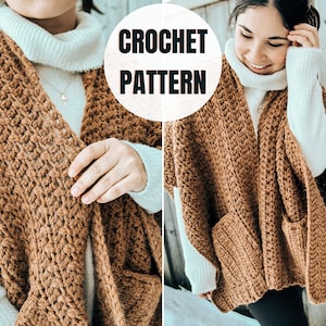 Peut inclure: Un cardigan en crochet marron avec des poches. Le cardigan est porté par une personne. Le texte "CROCHET PATTERN" est visible sur l'image.