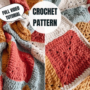 May include: A colorful crochet blanket with a textured pattern. The blanket is made with different shades of red, yellow, white, and blue yarn. The text "CROCHET PATTERN" is written in black letters on a white circle.