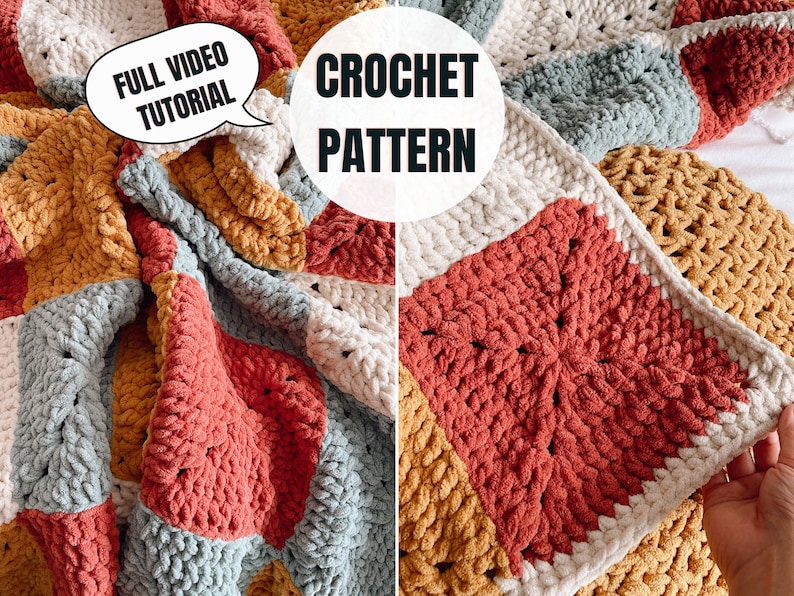 Granny Squares Chunky Blanket | Crochet Pattern | Video tutorial + diagram | 5 sizes | Beginner-friendly | Instant Download image 1