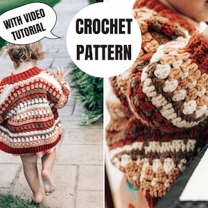 Puede incluir: Un cárdigan de crochet con un patrón a rayas en tonos marrones, naranjas y blancos. El cárdigan tiene un corte holgado y un punto texturizado. El texto "CROCHET PATTERN" es visible en la imagen.