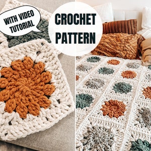 Granny Square Blanket | Winter Blossom Crochet Pattern | Video Tutorial + Diagram | 4 Sizes | Instant download