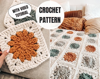 Granny Square Blanket | Winter Blossom Crochet Pattern | Video Tutorial + Diagram | 4 Sizes | Instant download