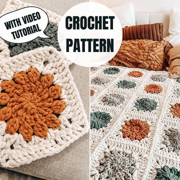 Couverture carrée grand-mère | Modèle de crochet de fleur d’hiver | Tutoriel vidéo + diagramme | 4 tailles | Téléchargement instantané