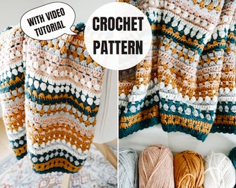 Riverbed Blanket Crochet Pattern | Video tutorial included | 14 sizes | PDF Instant Download | Crochet Throw Pattern for Beginners