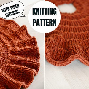 Puede incluir: Primer plano de una alfombra redonda de punto de color naranja óxido. La alfombra tiene un diseño texturizado y ondulado. El texto "Knitting Pattern" es visible en la imagen.