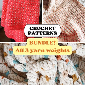 May include: A crochet patterns bundle featuring three different yarn weights. The image displays three distinct blankets: one in bright neon pink and white, one in a textured beige and orange, and one in a chunky cream yarn with blue and orange accents.