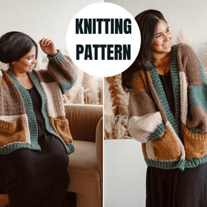May include: A brown, green and white knitted cardigan with a loose fit and pockets. The cardigan is open and worn over a black dress.