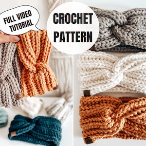 May include: A collection of four crocheted headbands in various colours, including grey, white, orange, and teal. The headbands are twisted and have a knot in the centre. The text "CROCHET PATTERN" is displayed in a white circle on a black background.