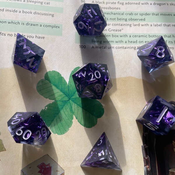 Onyx and Purple Foil Set Sharp Edged Tabletop DnD Pathfinder Dice Set