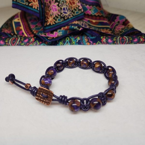 Floating Mosaic Quartz Gemstones with Violet Leather and Antique Copper Button Clasp Bracelet - Fits up to 7-1/4" wrist.