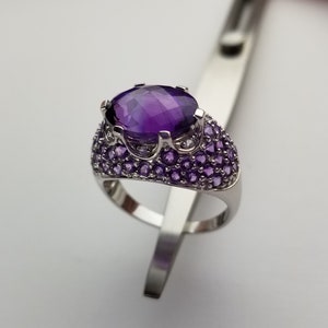Pineapple Cut Oval African Amethyst Crown Design - Sterling Silver - Finger Ring - Larger Size 12