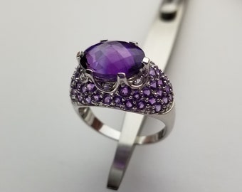 Pineapple Cut Oval African Amethyst Crown Design - Sterling Silver - Finger Ring - Larger Size 12