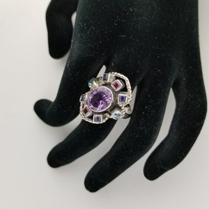 Nicky Butler-Oval Faceted Amethyst & Multi Gemstone-Sterling Silver Finger Ring-Rare Larger Size 12 to 12-1/4
