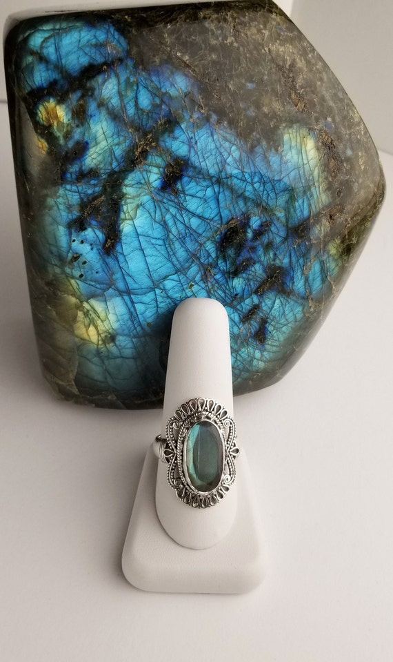 Large Oval Faceted Top Fire Labradorite Sterling … - image 3