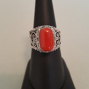 Red Coral Filigree Sterling Silver Finger Ring - Size 8-1/4