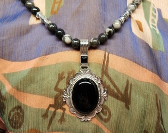 Hallmarked Oval Shiny Black Onyx Sterling Silver Pendant with Orthoceras Fossil Bead Necklace