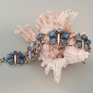 Top Fire Moonstone Butterflies Sterling Silver Link Lobster Clasp Bracelet - Fits Sizes 8 to 9-1/4 Inches
