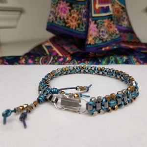 Aztec Mosaic Design Teal and Natural Blue Leather Antique Silver Hinge Clasp Bracelet - Fits up to 7-3/4&quot; wrist.
