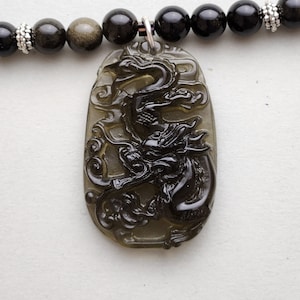 Ice Obsidian Carved Dragon Pendant on Golden Obsidian Beaded Necklace