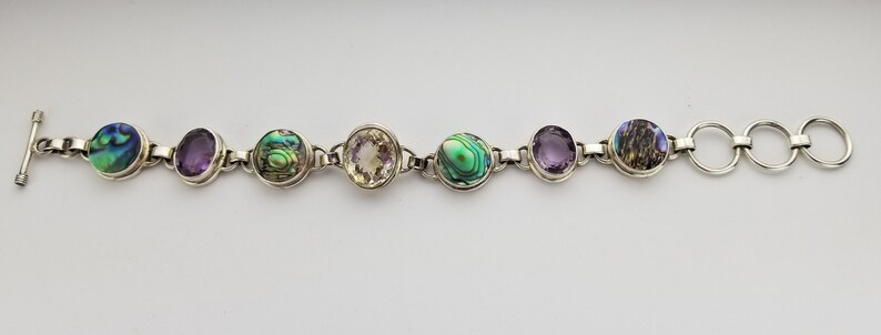 Fits Wrist Sizes 7-12 to 9 Inches Multi Gemstone Rainbow Fire Abalone Shell Sterling Silver Toggle Clasp Link Bracelet
