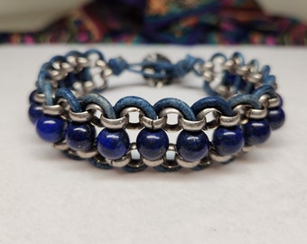 Genuine Lapis Lazuli gemstones with Natural Blue Leather and Antique Silver Rolo Chain Button Clasp Bracelet - Fits up to 7-1/4" wrist.